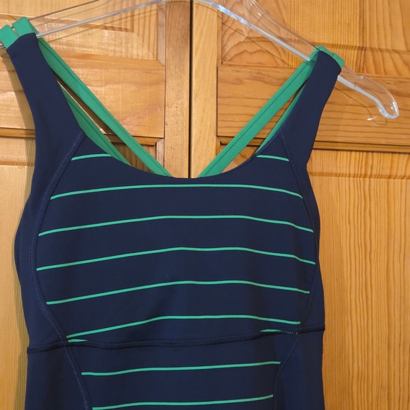 Lululemon Energy Tank Top Navy Green Striped Workout Athletic Built-In Bra - Picture 2 of 10